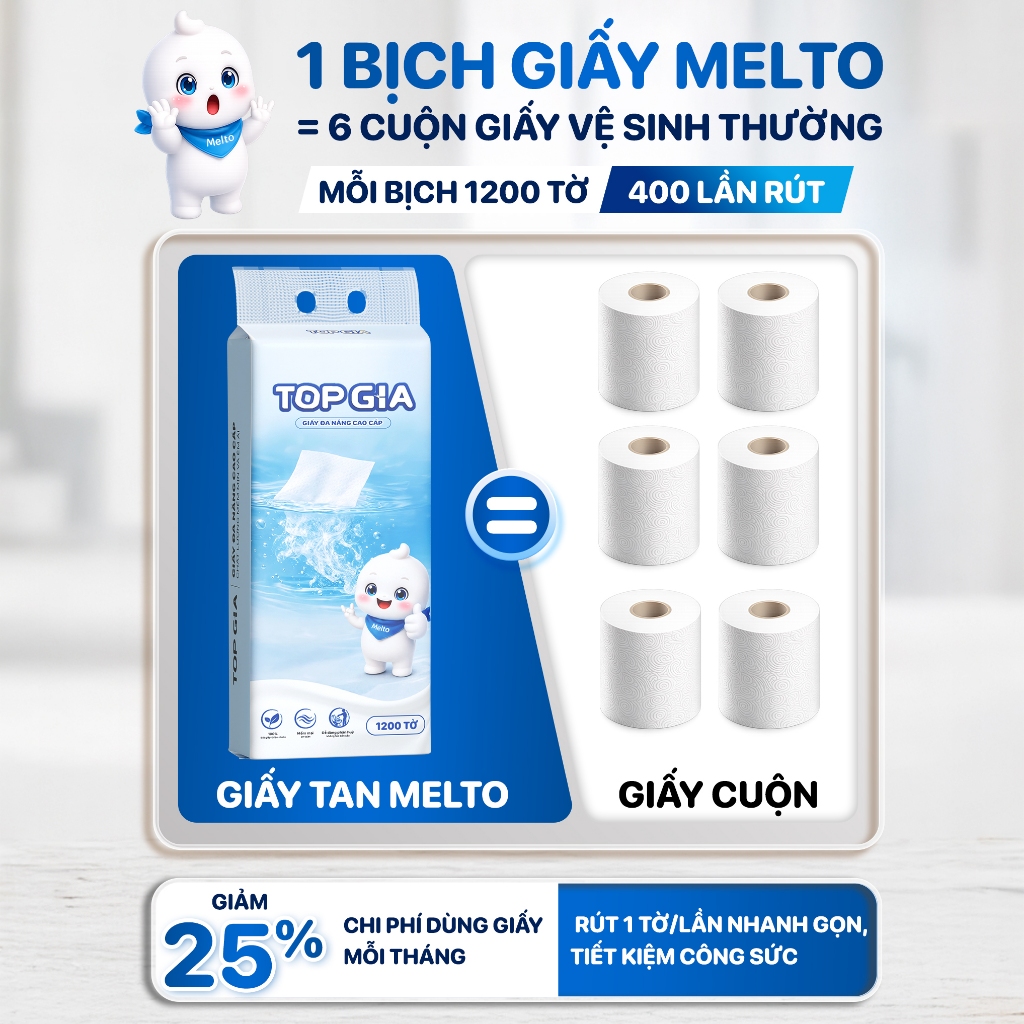 [MUA 1 TẶNG 5] Giấy rút đáy đa năng Melto TopGia dễ tan trong nước, tiện lợi an toàn, 400 rút