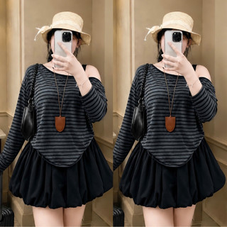 Set Áo Váy Bigsize Nữ Áo Lệch Vai Tay Dài Form Rộng Cá Tính Kèm Chân Váy Bí Ngô A319+CV413