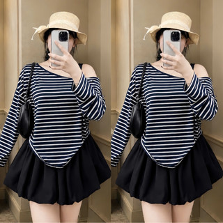 Set Áo Váy Bigsize Nữ Áo Lệch Vai Tay Dài Form Rộng Cá Tính Kèm Chân Váy Bí Ngô A319+CV413