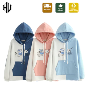 Áo khoác hoodie nữ 🚚 FREESHIP 🚚 Áo khoác nỉ phối hai màu siêu xinh mẫu mèo thích uống sữa mẫu mới 2024