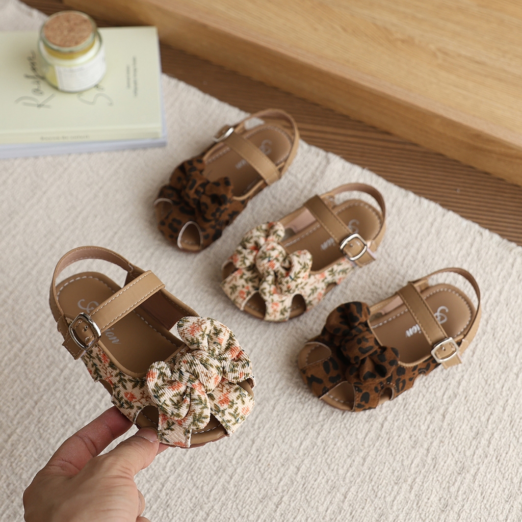 Bella Neman Giày sandal bé gái đầu búp bê hoa/leopard nơ, đế mềm êm chân, chống trượt mùa hè