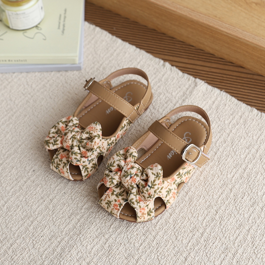 Bella Neman Giày sandal bé gái đầu búp bê hoa/leopard nơ, đế mềm êm chân, chống trượt mùa hè