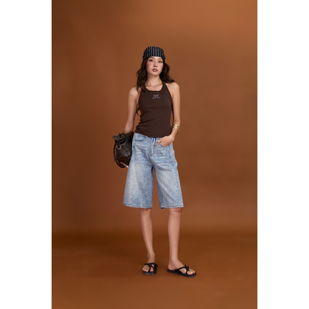 Quần short jeans nữ  Rita Miều Est.2013 form baggy cạp vừa màu xanh nhạt