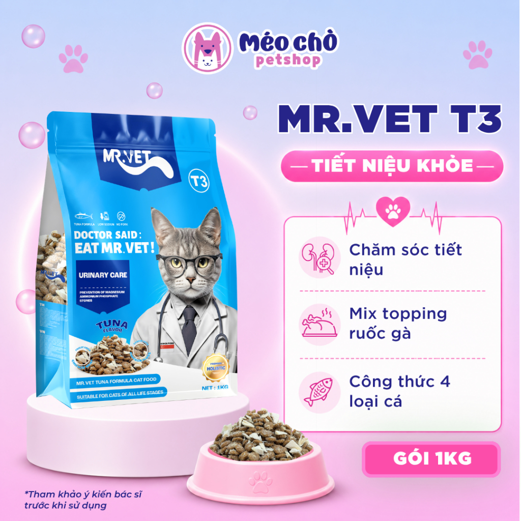 Hạt cho mèo MRVET T3 gói 1KG phòng ngừa tiết niệu, công thức 4 loại cá biển - Méo Chò Petshop