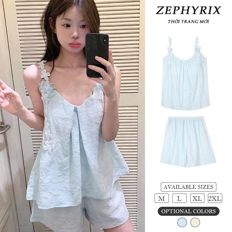 Bộ Đồ Ngủ Nữ 2 Dây Hoa Thêu Lụa Mềm Mát | Pijama Dáng Rộng Kèm Quần Short Lưng Thun Dễ Thương Màu Xanh & Kem./074