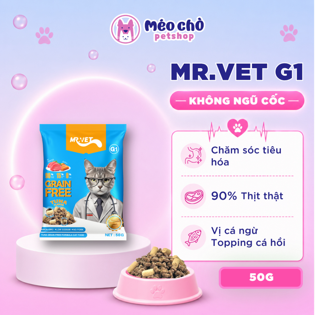 Hạt cho mèo MRVET G1 gói 50G không chứa ngũ cốc chăm sóc tiêu hoá dưỡng da lông-Méo Chò Petshop