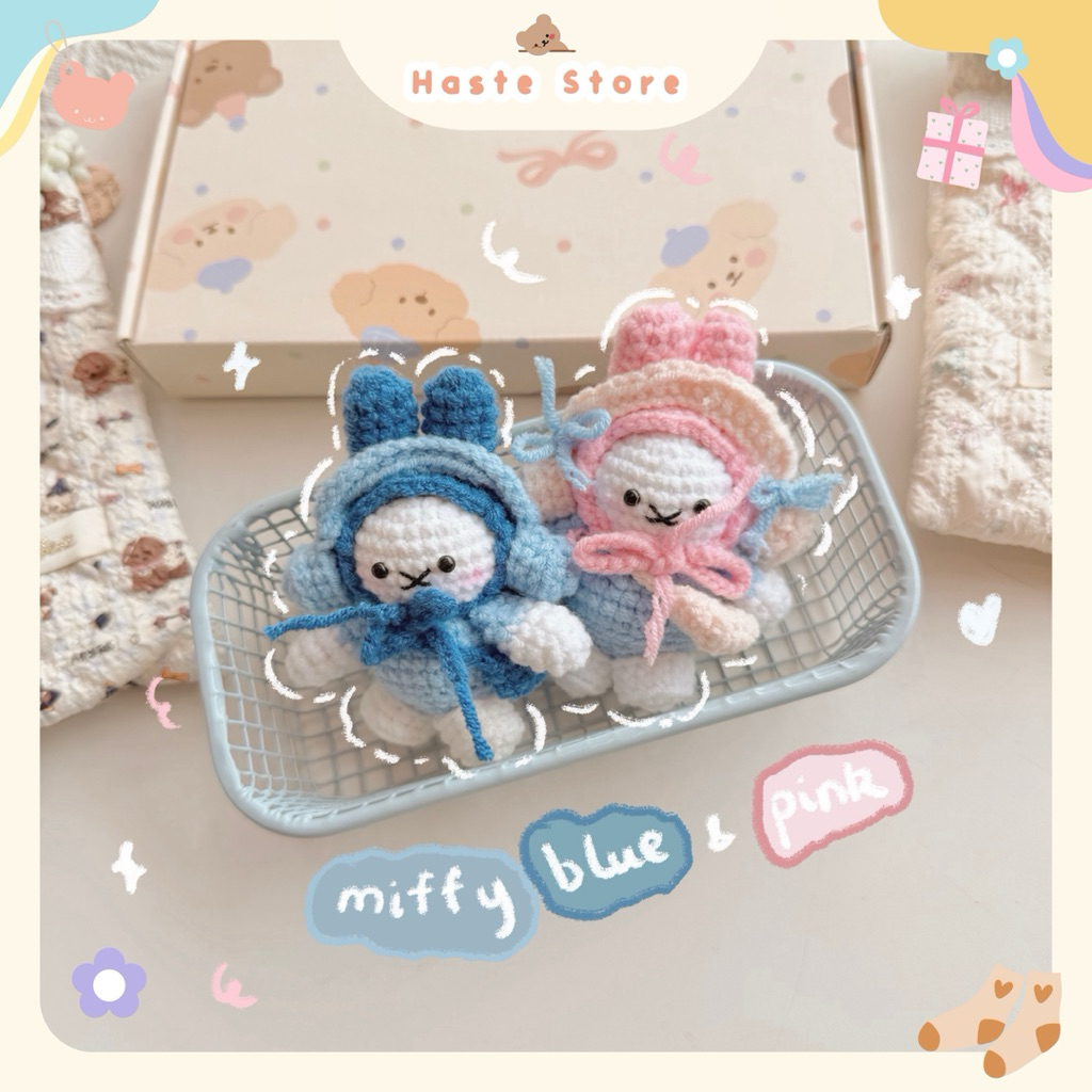 Móc Khoá Len Nhung Thỏ Miffy Mang Yếm Đeo Tai Nghe Headphone Quà Tặng Handmade Dễ Thương