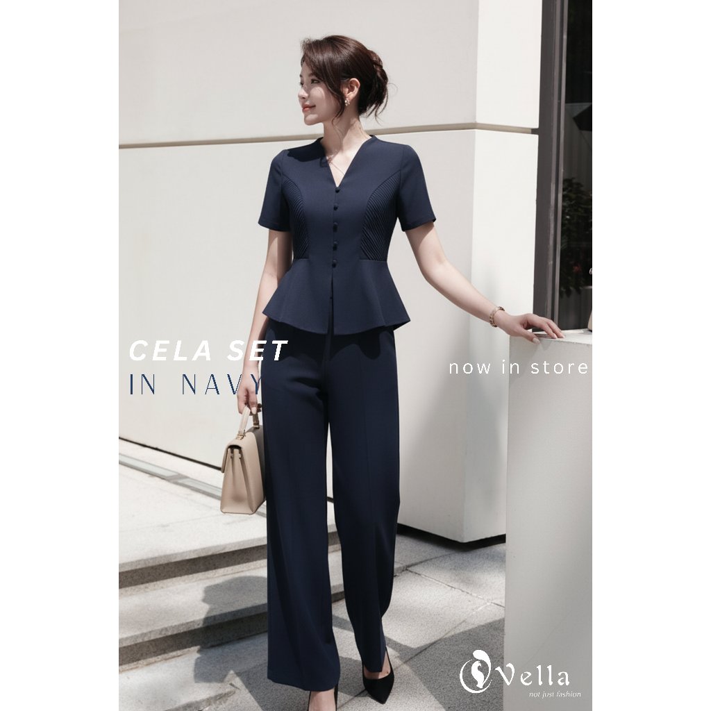 Set công sở nữ áo peplum ngắn tay & quần culottes suông tôn dáng Vella VA25078