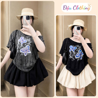 Set Áo Váy Bigsize Nữ Áo Xước Gân Lệch Vai In HÌnh Bướm Chân Váy Bí Cho Chubby A316 CV413