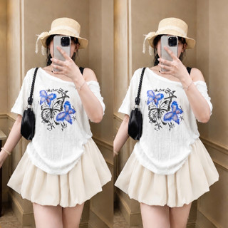 Set Áo Váy Bigsize Nữ Áo Xước Gân Lệch Vai In HÌnh Bướm Chân Váy Bí Cho Chubby A316 CV413