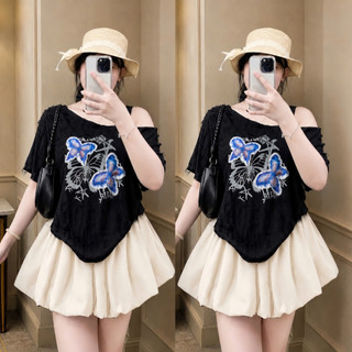 Set Áo Váy Bigsize Nữ Áo Xước Gân Lệch Vai In HÌnh Bướm Chân Váy Bí Cho Chubby A316 CV413