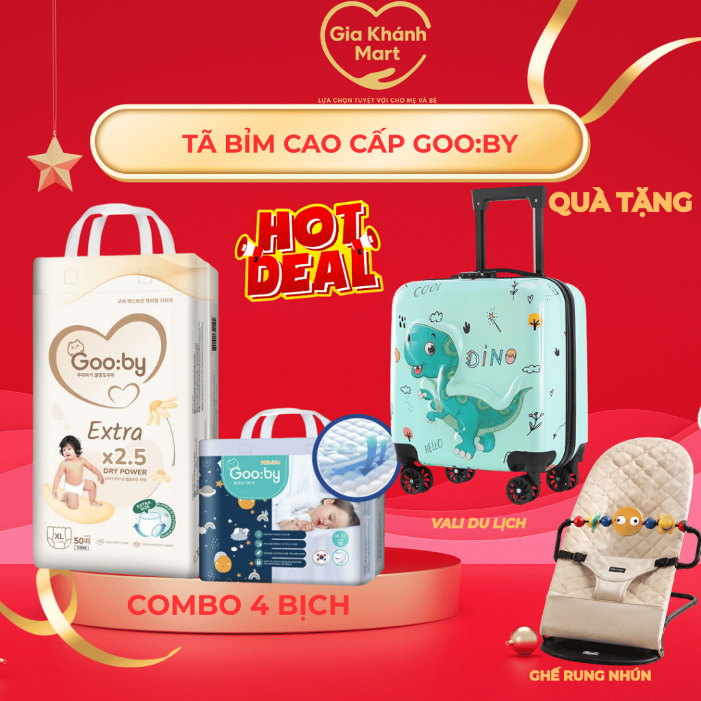 [Tặng vali cho bé] Combo 4 bịch Tã/bỉm ngày đêm Gooby mềm mại, siêu thấm hút size Nb/S/M/L/XL/XXbịch