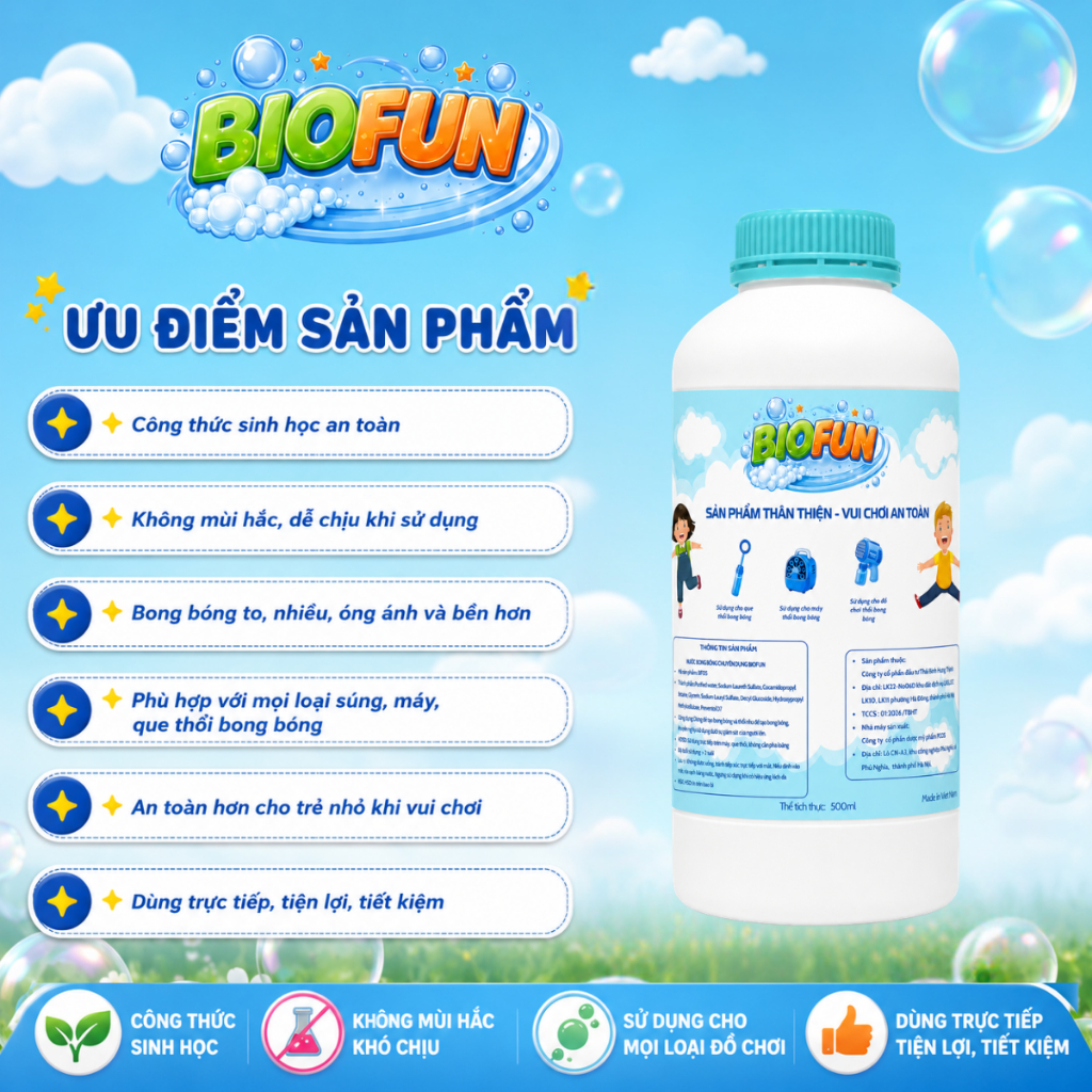 Nước bắn bong bóng xà phòng sinh học Biofun 500ml sản xuất tại Việt Nam an toàn cho trẻ em vui chơi