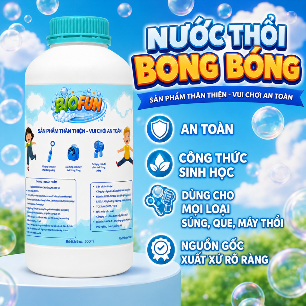 Nước bong bóng xà phòng sinh học Biofun 500ml an toàn phù hợp với mọi loại súng máy que thổi bubble