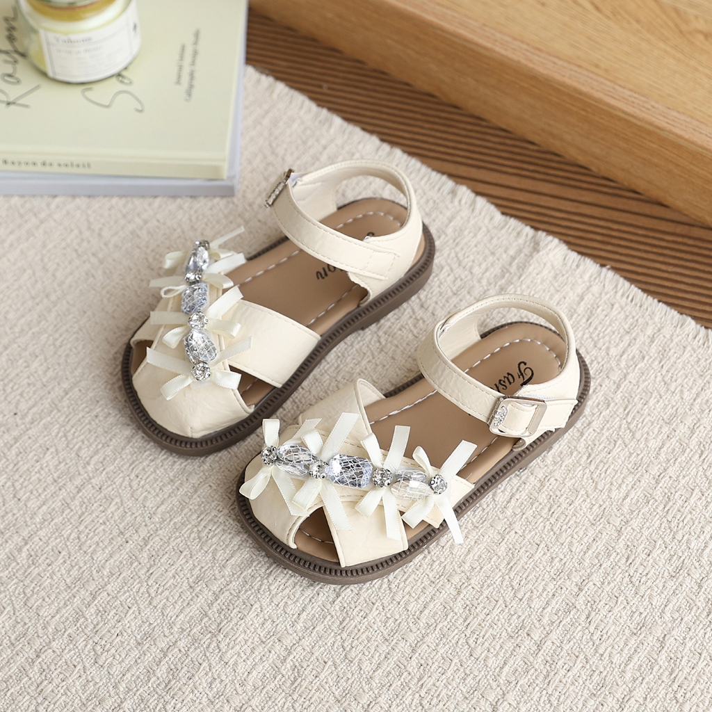 Bella Neman Giày sandal bé gái đầu búp bê nơ đính đá, đế mềm êm chân, chống trượt mùa hè