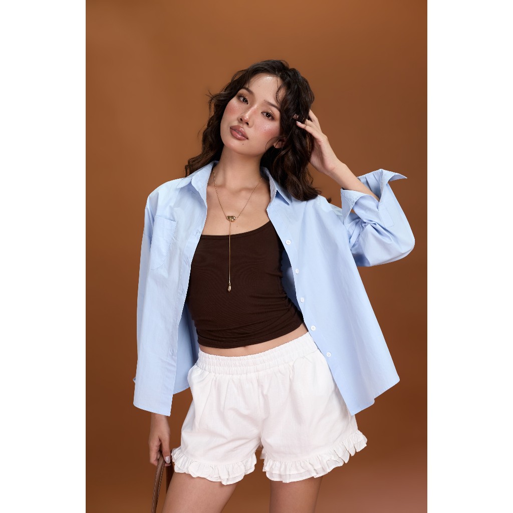 Quần ngắn nữ Kanie Miều Est.2013 lưng thun viền bèo hai lớp chất vải linen