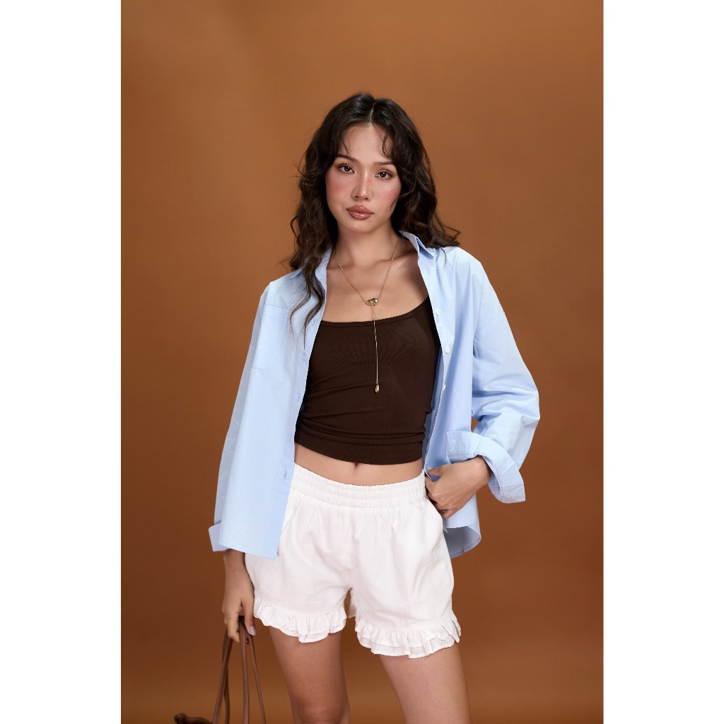 Quần ngắn nữ Kanie Miều Est.2013 lưng thun viền bèo hai lớp chất vải linen