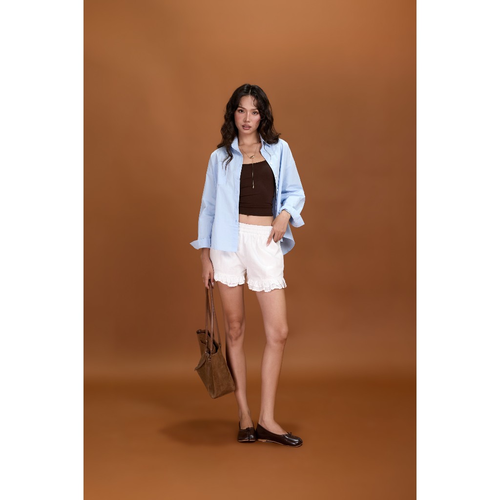 Quần ngắn nữ Kanie Miều Est.2013 lưng thun viền bèo hai lớp chất vải linen