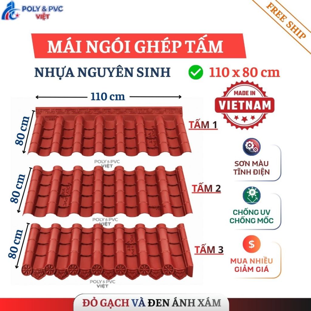[ĐỎ - 110 x 240 cm] - Ngói ghép nối dài chiều rộng- Ngói Nhựa âm dương PVC Nhật  Dày 2.5mm