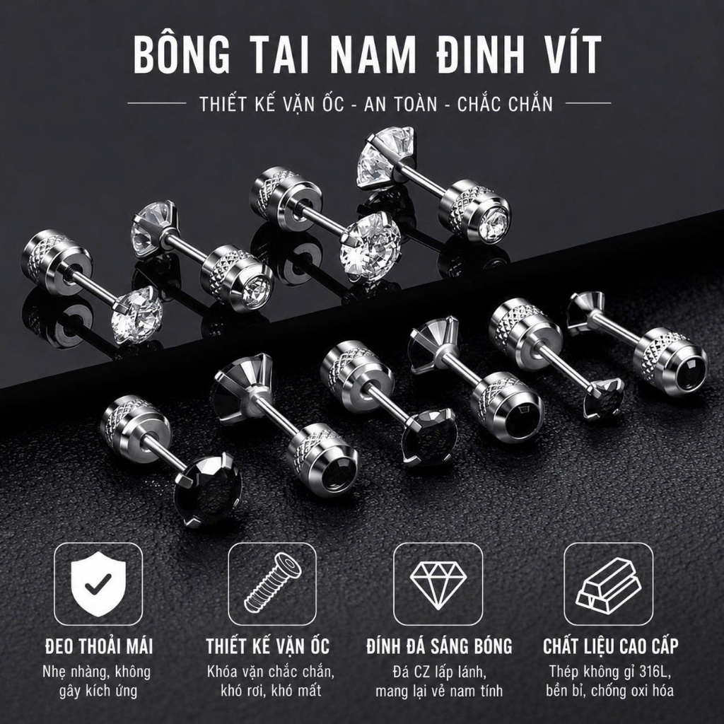 Khuyên tai thép không gỉ, titan, nam nữ unisex cá tính trẻ trung năng động