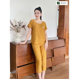 25SET09 Đồ Bộ Nữ Ken va Chất Đũi Hàn Cao Cấp Áo Tay cộc thêu túi giả  Quần lửng