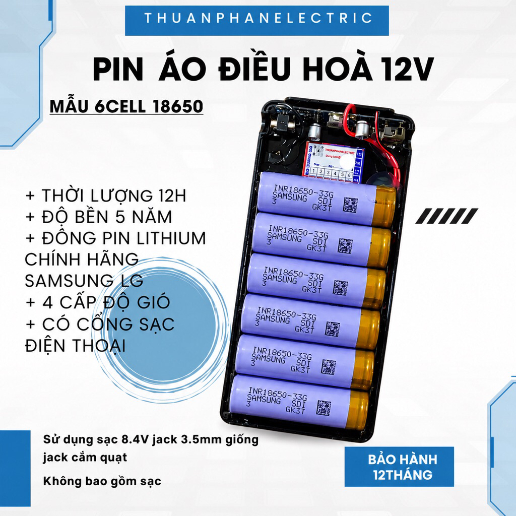 [Mẫu03] Phụ kiện Áo Điều Hoà 12V siêu bền, Lõi 6cell-18650/Samsung/LG