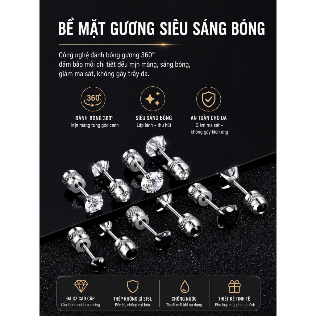 Khuyên tai thép không gỉ, titan, nam nữ unisex cá tính trẻ trung năng động
