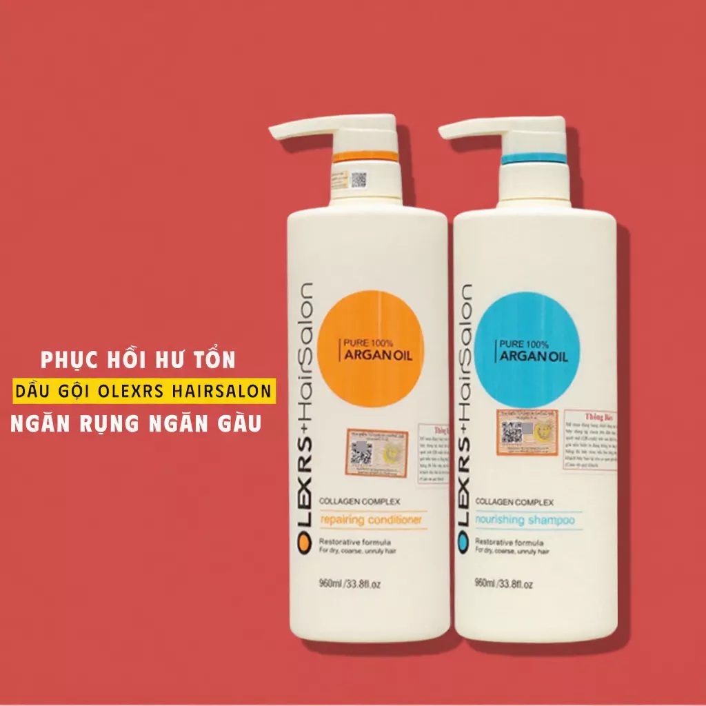 Bộ dầu gội xả Olexrs+HairSalon Argan Oil Collagen 960ml giúp phục hồi tóc, dưỡng tóc mềm mượt, chống rụng kích mọc tóc