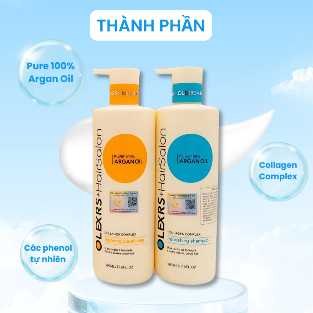 Bộ dầu gội xả Olexrs+HairSalon Argan Oil Collagen 960ml giúp phục hồi tóc, dưỡng tóc mềm mượt, chống rụng kích mọc tóc