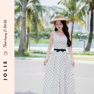 Váy MaxiDáng Dài Hai Dây Hoạ Tiết Chấm Bi Thắt Nơ - JOLIE
