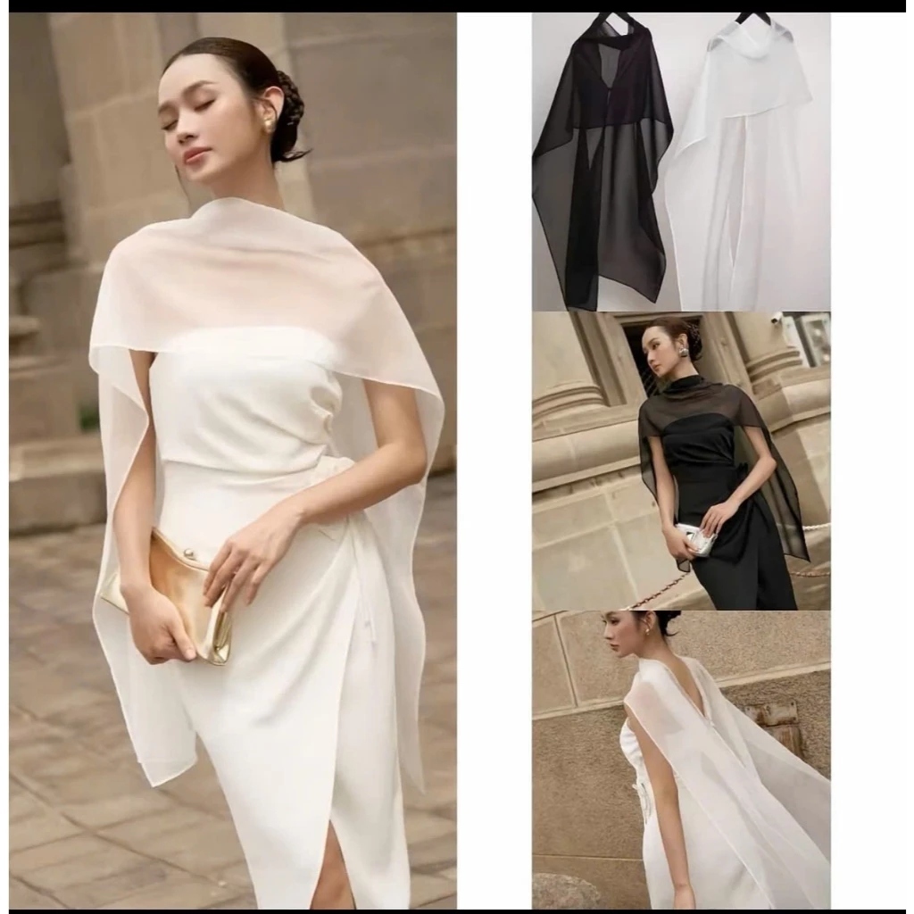 (Sẵn Hỏa Tốc) Áo Choàng Voan Tơ Sang Chảnh, Khăn Choàng Dáng Dài Thời Trang Phối Lụa Dễ Mix Đầm Đầy Khí Chất
