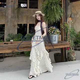 VM-VÁY MAXI 2 DÂY CHẤM BI PHỐI REN TUA BÈO ĐI BIỂN HOT HIT KIỂU PHÁP