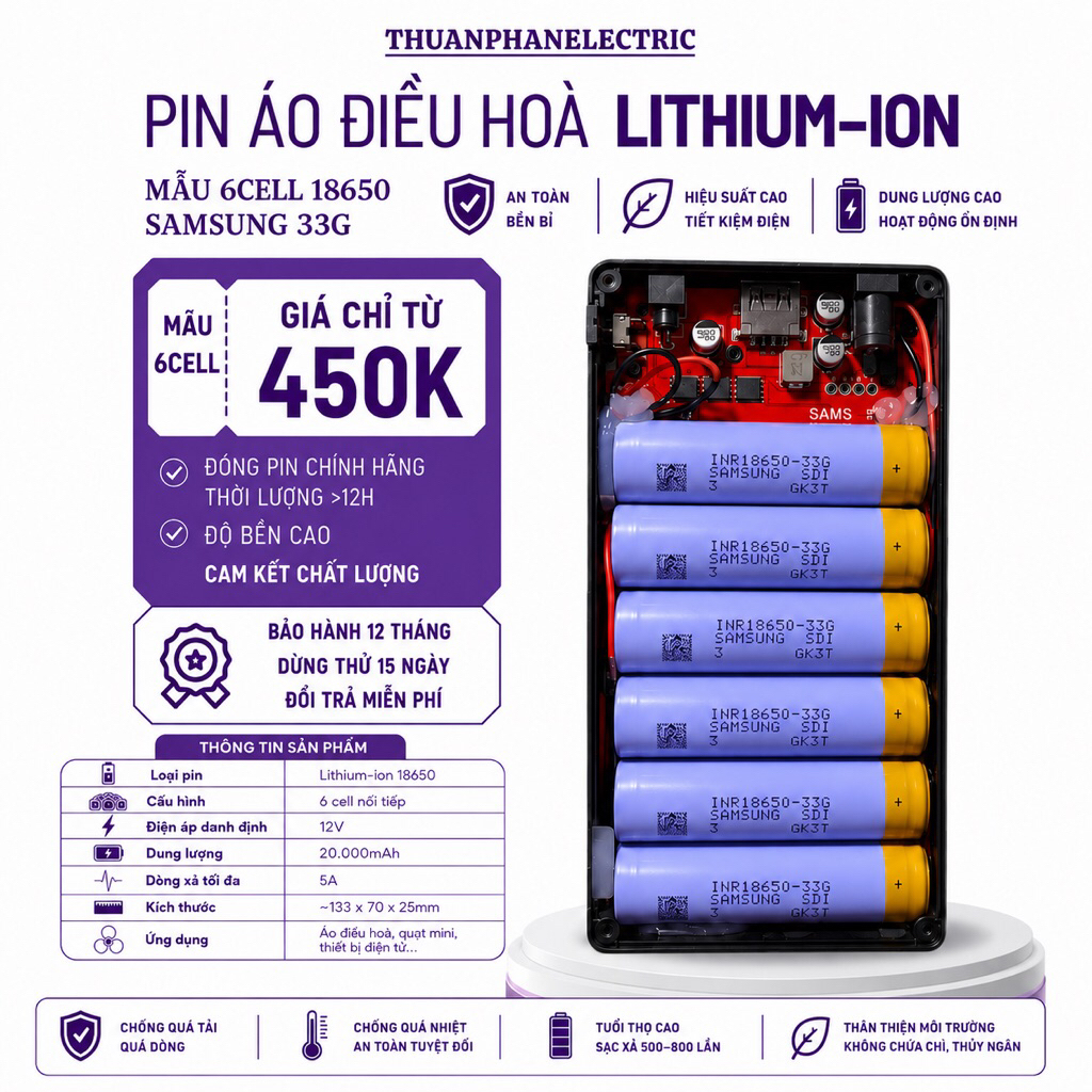 [BH12tháng] PHỤ KIỆN ÁO ĐIỀU HOÀ 12V, Lõi Samsung18650 Độ Bền Cao, Dung Lượng Thực 12H