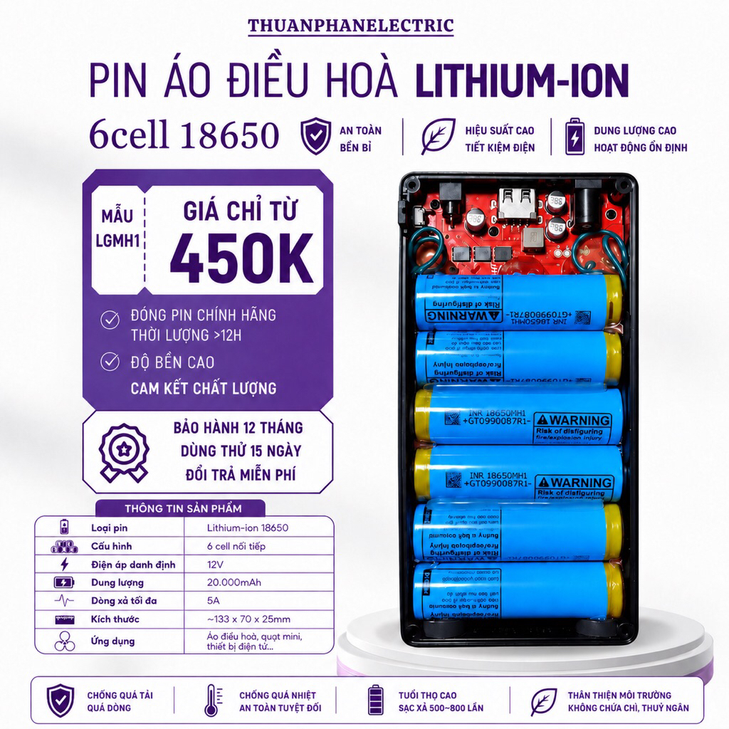 [BH12tháng] Pin Áo Điều Hoà 12V Lõi Lithium-ion chính hãng LG18650 Độ Bền Cao, Hoạt Động 10-12H