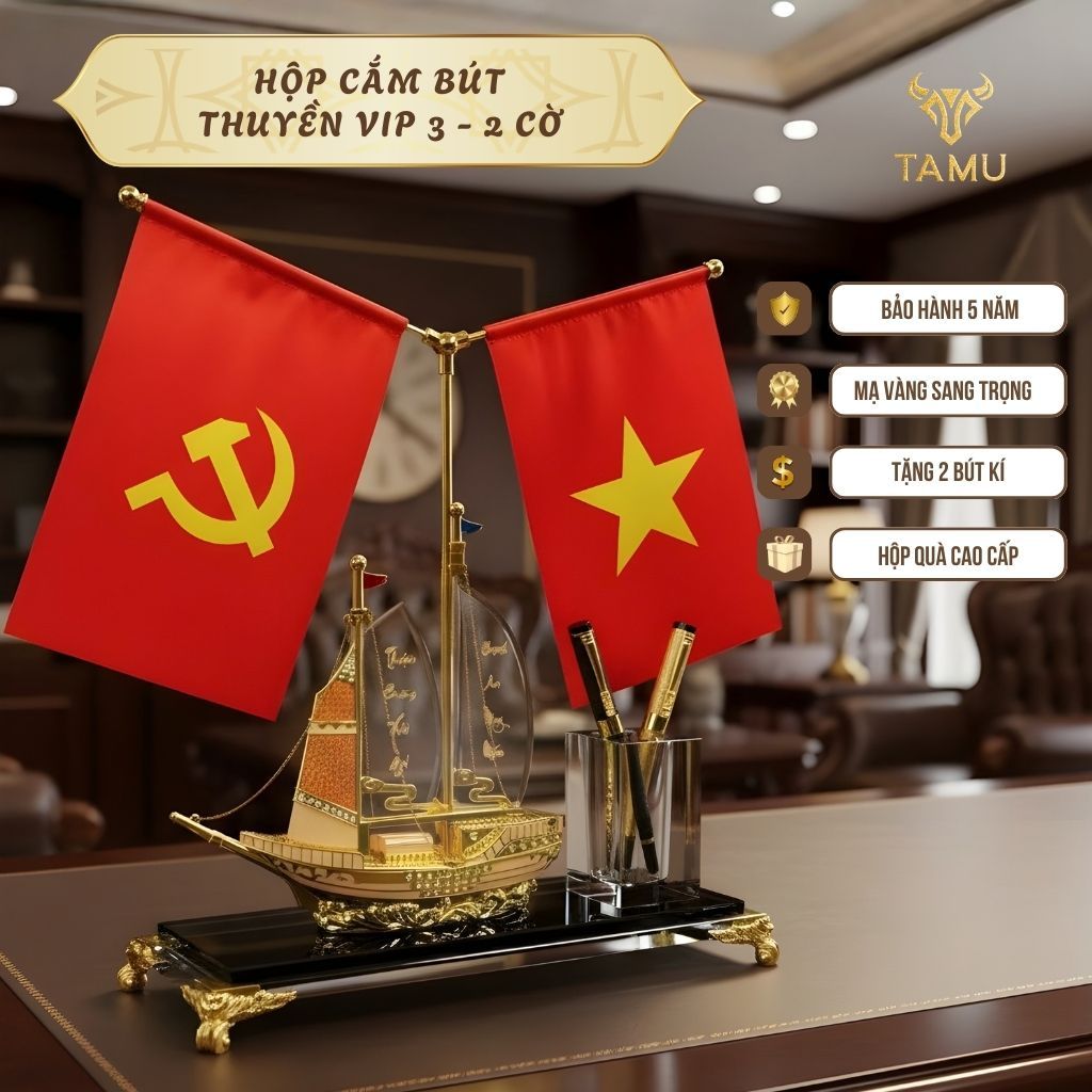 Hộp Cắm Bút Doanh Nhân TAMU Thuận Buồm Xuôi Gió Mạ Vàng 24K, Pha Lê K9, Quà Lưu Niệm, Quà Sang Trọng