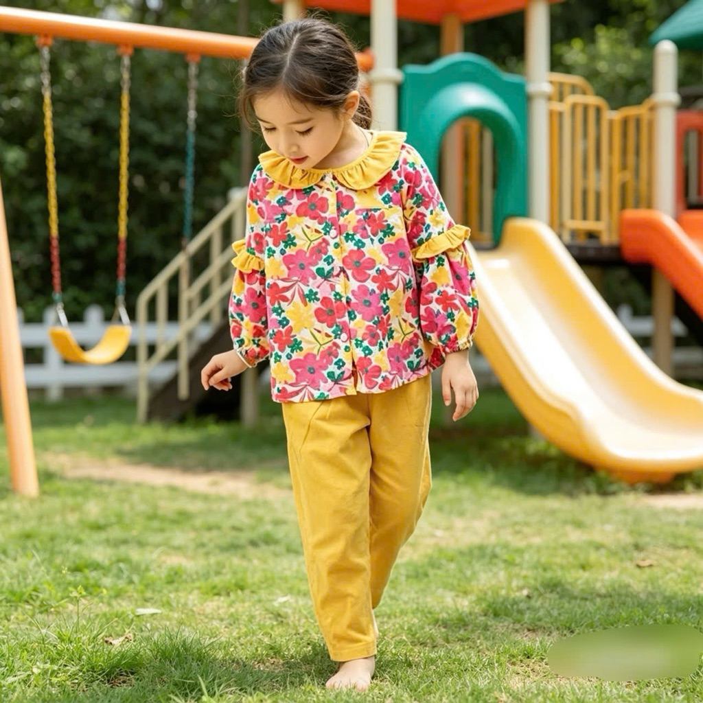 Set bộ pijama dài tay bé gái J1726 hoa nhí cotton mềm mại size 1-10Y (10-40kg) đồ bộ ngủ trẻ em