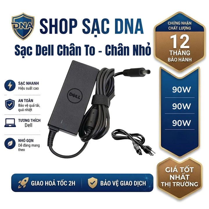 Sạc Laptop Dell 90W Chân To - Chân Nhỏ, Sạc Máy Tính Dell Hàng Cao Cấp Sạc Nhanh Tặng Dây Nguồn - Bảo Hành 12 Tháng