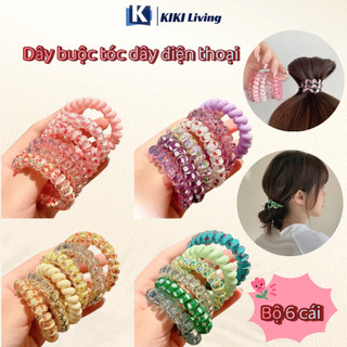 Bộ 6 dây buộc tóc / dây điện thoại, dây cột tóc lò xo xoắn nhiều màu, phụ kiện tóc thời trang cho nữ