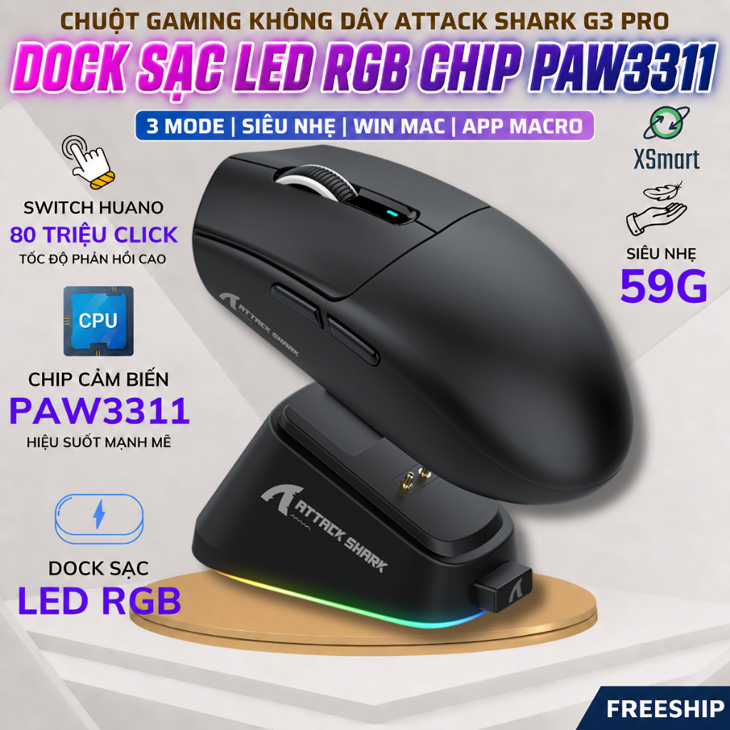 Chuột Không Dây Gaming Attack Shark G3 Pro Dock Sạc RGB, Cảm Biến PAW3311, Switch Huano, App Macro