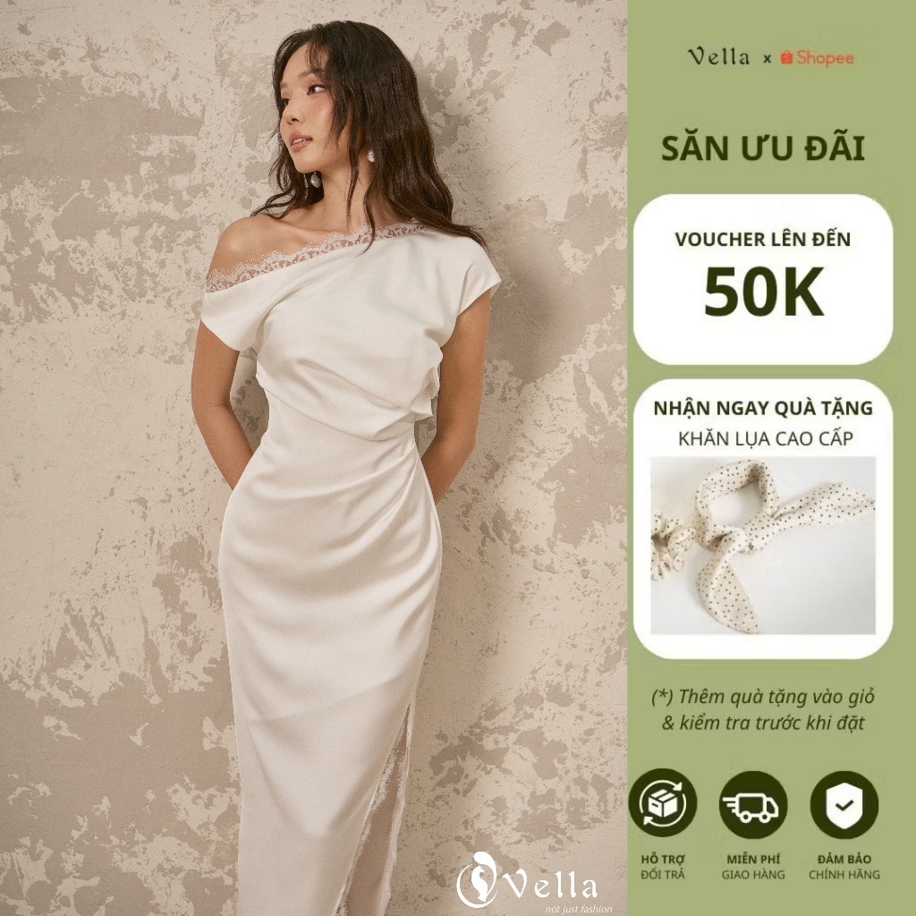 Đầm nữ đi tiệc lệch vai viền ren sang trọng màu trắng, đen Vella Fashion VD26009 - LENA Dress