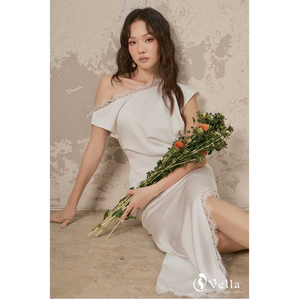 Đầm nữ đi tiệc lệch vai viền ren sang trọng màu trắng, đen Vella Fashion VD26009 - LENA Dress