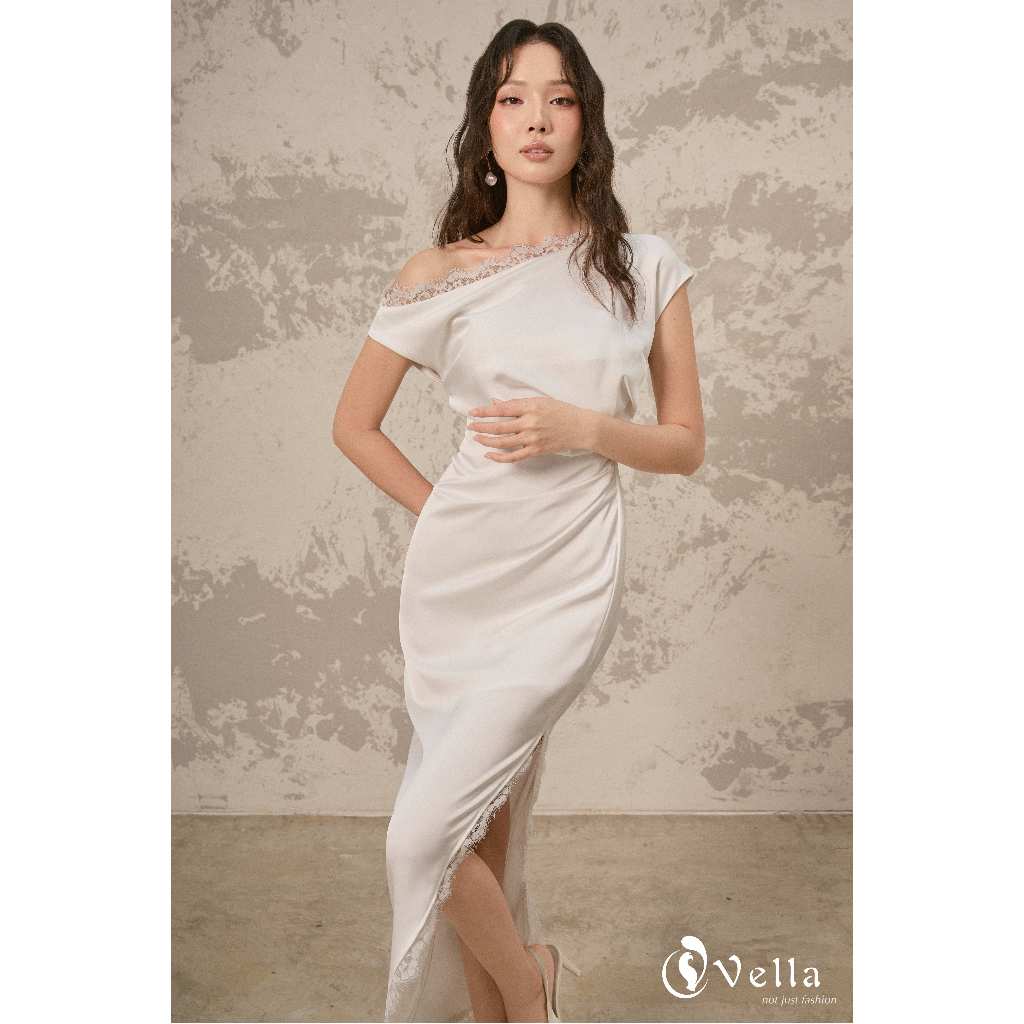 Đầm nữ đi tiệc lệch vai viền ren sang trọng màu trắng, đen Vella Fashion VD26009 - LENA Dress