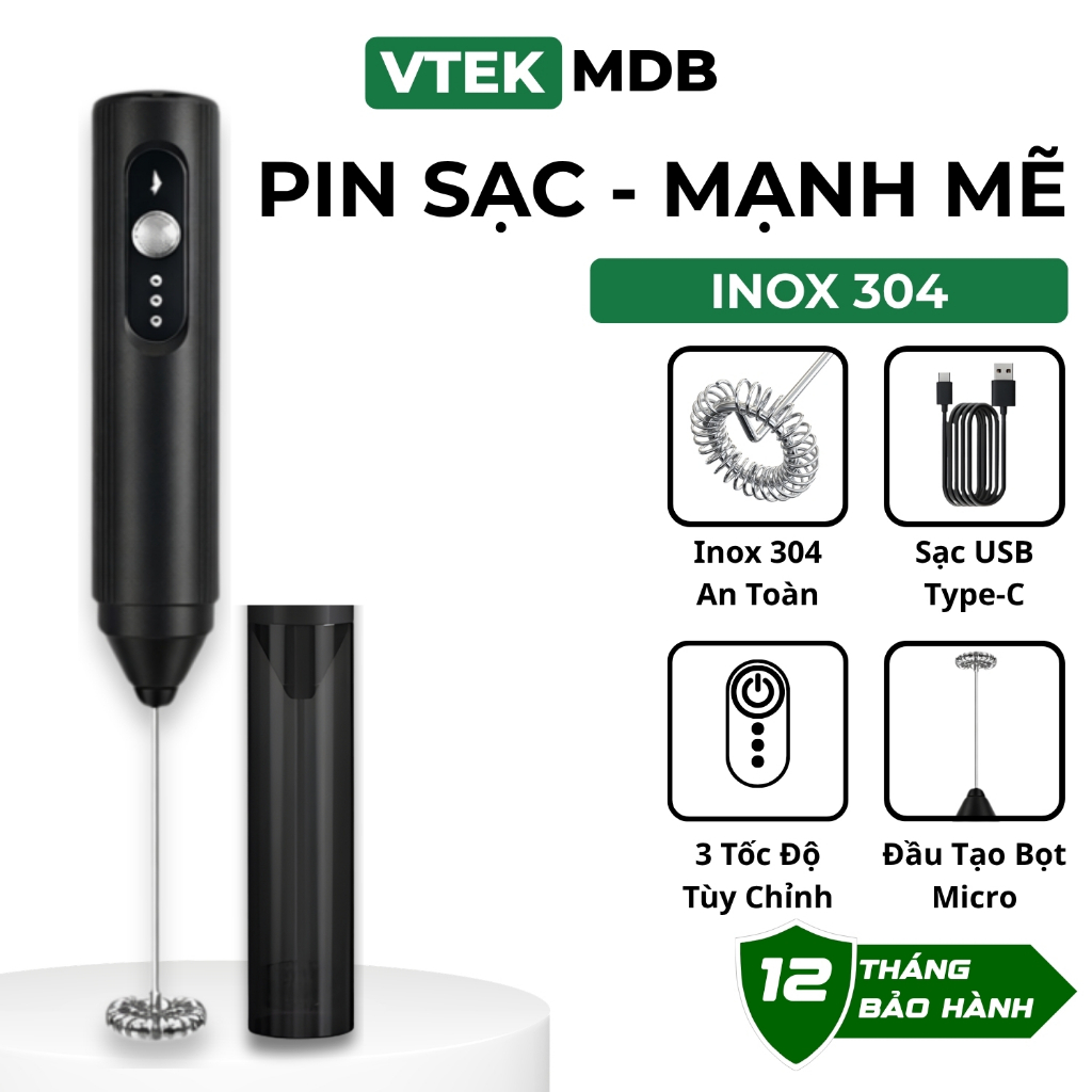 Máy Đánh Bọt Cà Phê 10W Pin Sạc Cầm Tay Nhỏ Gọn VTEK , Cây Đánh Bọt Cà Phê Bảo Hành 1 Năm MDB01
