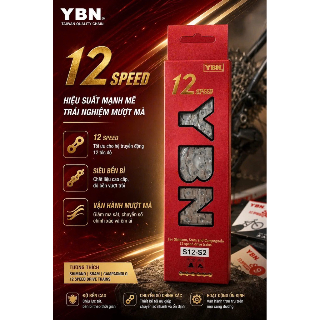Sên Xích Xe Đạp 12 Tốc Độ YBN S12  116L/126L Đài Loan Kèm Khoá Sên