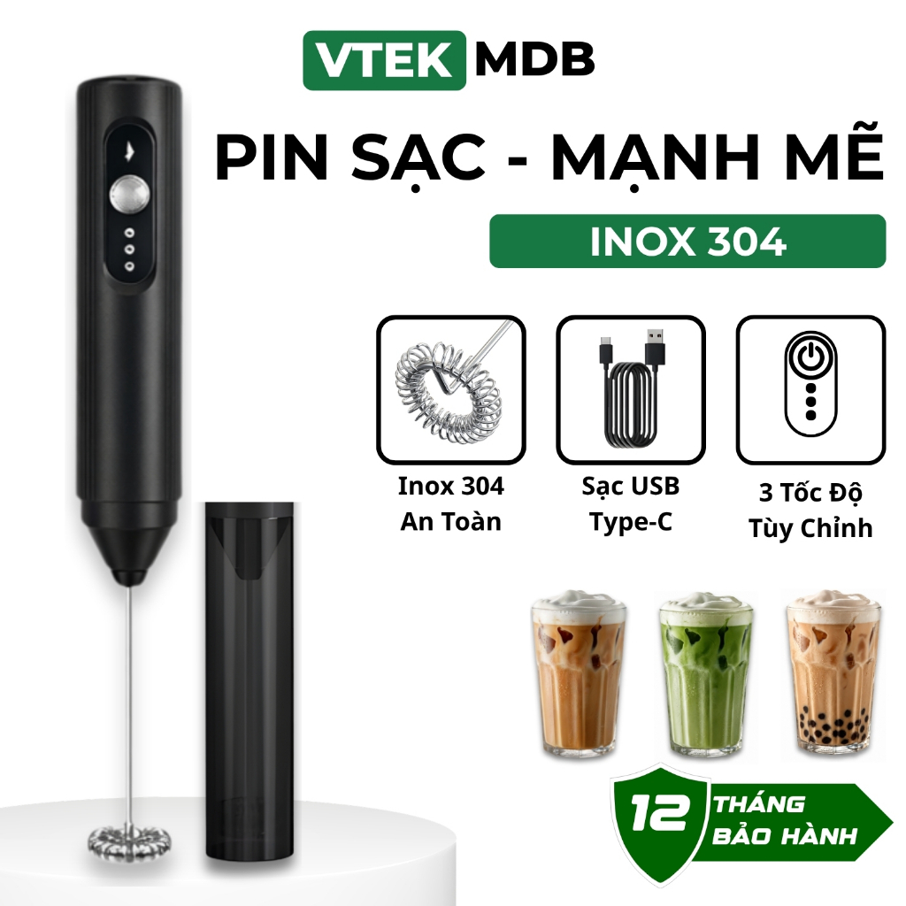 Máy Đánh Bọt Cà Phê 10W Pin Sạc Cầm Tay Nhỏ Gọn VTEK , Cây Đánh Bọt Cà Phê Bảo Hành 1 Năm MDB01