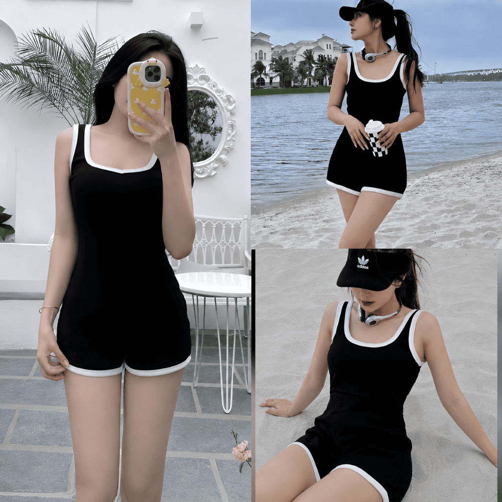 Jumpsuit nữ đi biển CÓ MÚT NGƯC, Set đồ đi biển dáng ngắn, bodysuit, swimsuit ôm body áo liền quần sexy, mặc mát, SET03