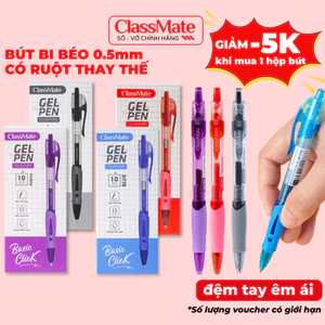 Hộp 10 Bút Gel Bấm Classmate 0.5mm Viết Trơn Có Ruột Gel Thay Thế Mực Xanh Đen Tím, Bút Gel Béo Siêu Êm