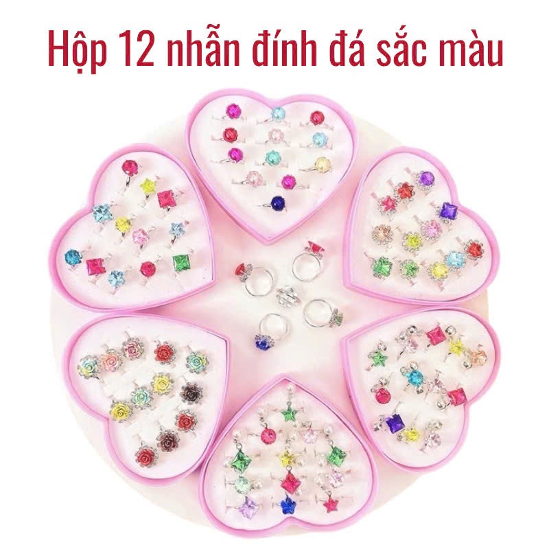 Hộp 12 chiêc nhẫn đính đá lấp lánh công chúa cho bé