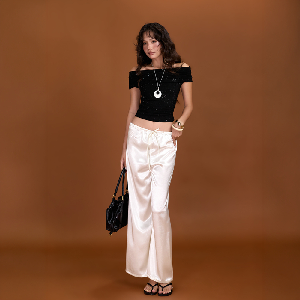 Quần dài nữ Pookie Miều Est.2013 chất vải satin lưng thun dây rút ống suông