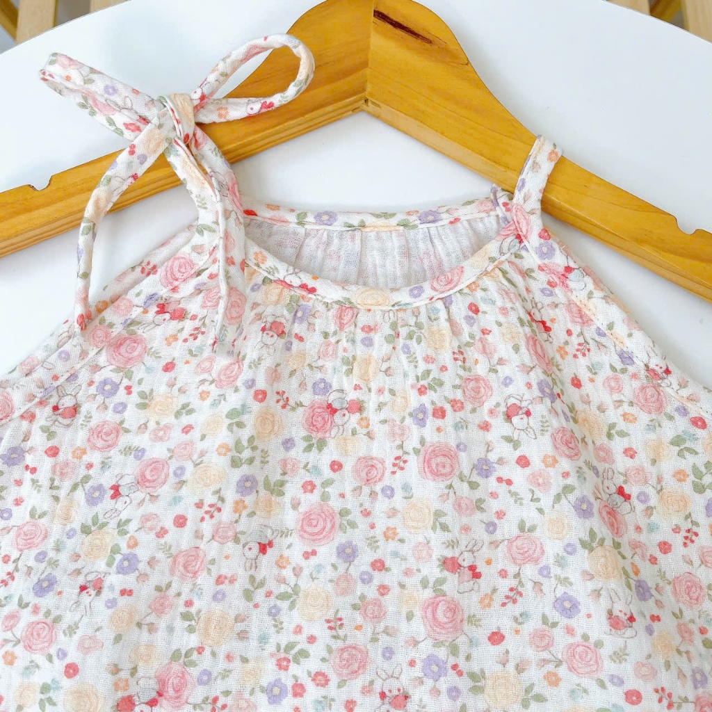 Bộ đùi áo yếm bé gái xô muslin XM02 Lá Homewear, bộ hai dây mùa hè mát nhẹ cho bé